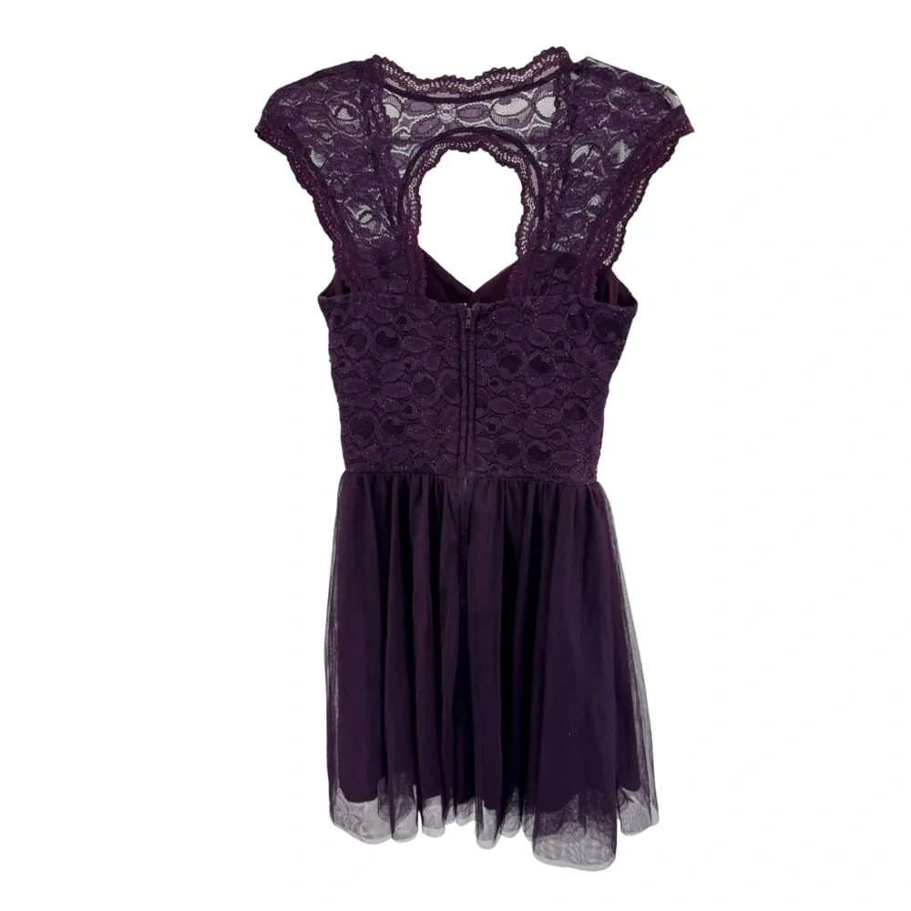 Deb Plum Purple Mini Dress lace tulle rhinestones open back 5 formal HOCO party